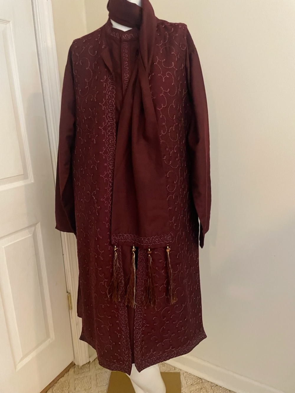 Embroidered Maroon Four Piece Outfit with Tassel Accents